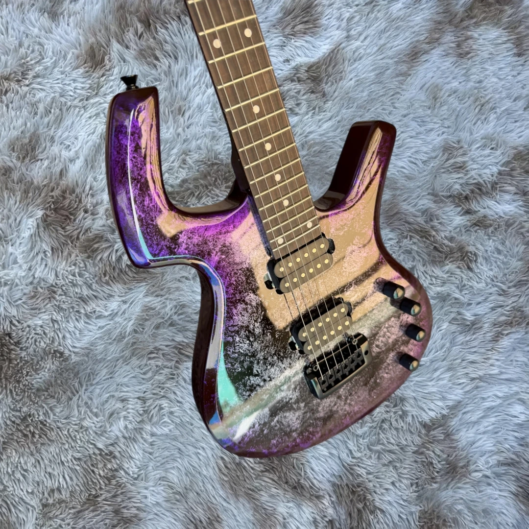 6 String Solid Body Electric Guitar, Gloss Color-Shifting Purple Burl Texture Finish, Dual Humbucker Pickups, Double Locking Flo