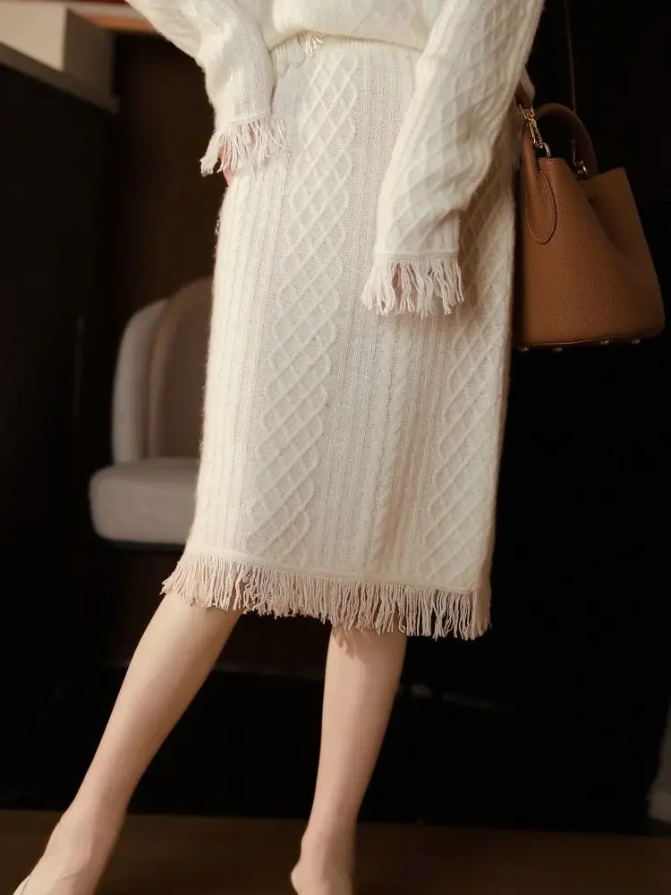 ADDONEE Women Wool Skirt Tassel Twist Flower Dress For Spring Autumn 100% Merino Wool Knitwear Soft Comfort Office Lady Skirt