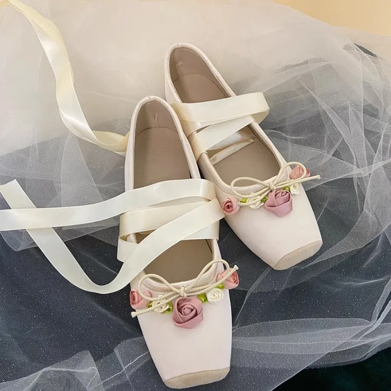 

Women's Shoes Flower Design Square Toe Single Shoes Soft Soled Ballet Flats Fashion Shallow Mouth Single Shoes Zapatos De Mujer