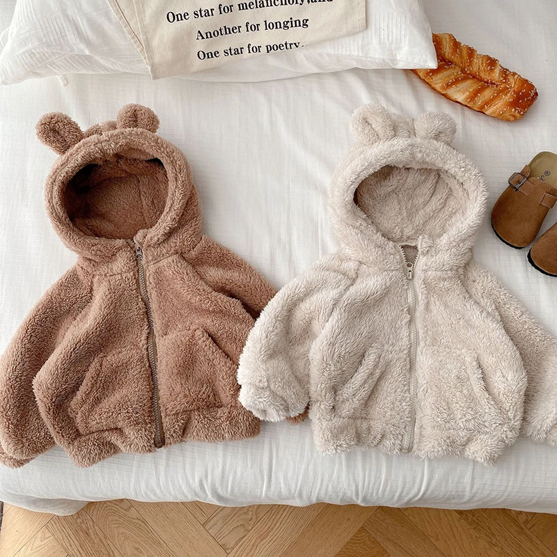 1-6 Years Boys Plush Jacket Spring Autumn Cute Bear Ears Little Princess Coat Hooded Zipper Keep Warm Baby Coat Kids Clothes