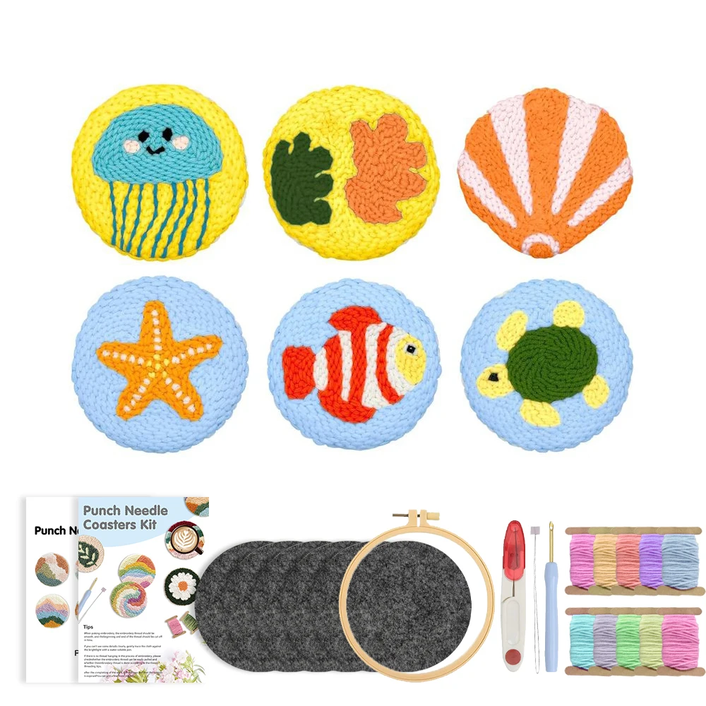 

Jellyfish fish Coasters Magic Embroidery Kit Craft Punch Needle Geometric Needle Kit Tufted Rug Making Set for Adults Kids