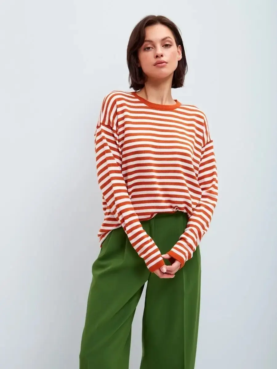 Women\'s Long Sleeve Basic Thin Shirt Tee Round Neck Stripe Shirt Loose Fit Casual Holiday Daily Wear Solid Orange Top T Shirt