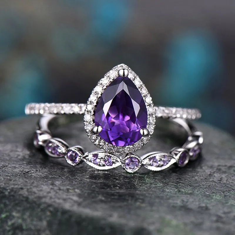 925 Sterling Silver Purple Cubic Zircon Set Rings for Women Wedding Party Temperament Elegant Lady Accessories Fashion Jewelry