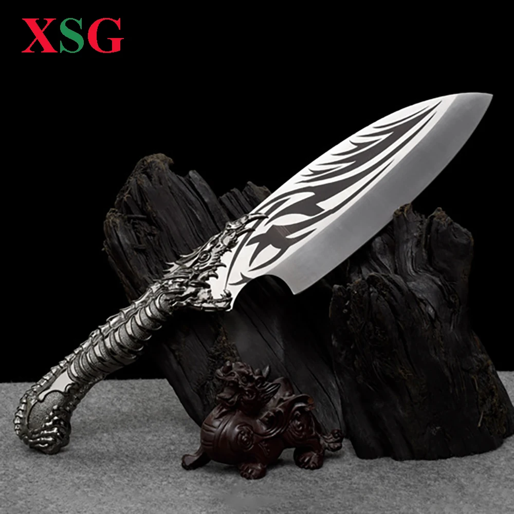 

XSG Longquan Heavy Texture Cleaver 8.5 Inch Serbia Viking Knife Hand Forged Alloy Carved Handle Chinese Santoku Kitchen Knives