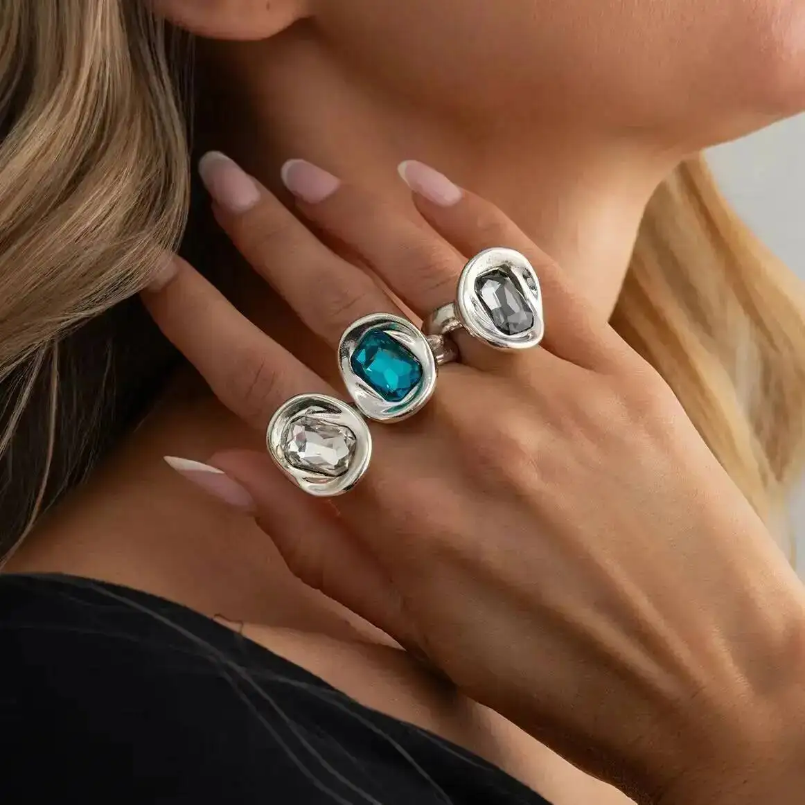 SHIXIN Fashion Irregular Square Colorful Acrylic Rhinestone Ring for Woman Hip Hop Geometric Finger Rings Wedding Party Jewelry