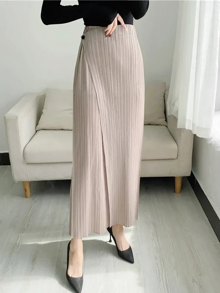 Miyake Women Pleated Solid Color Ankle-length Pants Elastic Waist Wide Leg Straight Female Trsouser Loose 2024 Summer