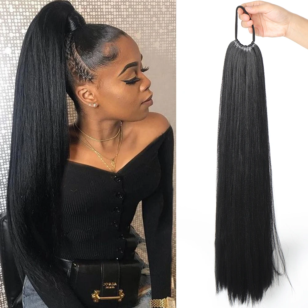 Aosiwig Synthetic Long Straight Ponytail With Elastic Band Wrap Around Black Pony Tail Extension Fake False Hairpiece For Women