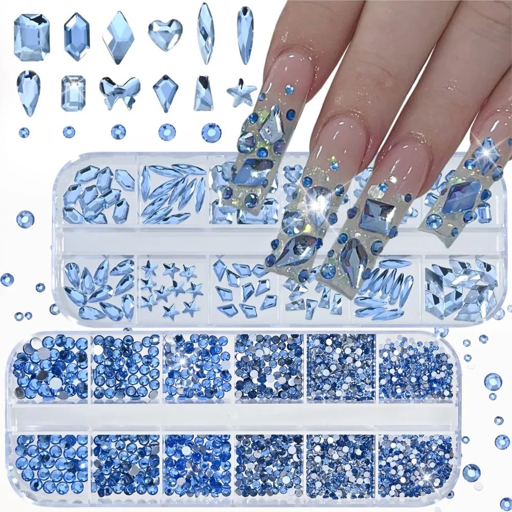 12grids 2boxes Multi Shapes Light Blue Nail Rhinestones SS4-SS16 Round Beads Glass Stones Diamonds Crystal Flatback Nail Charms