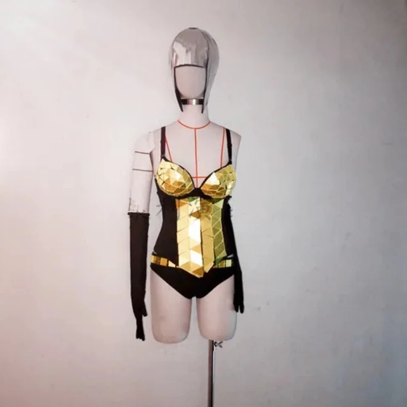 나이트 클럽 바 DJ 여성 댄서 팀 섹시한 무대 착용 골드 실버 미러 탑 반바지 장갑 가발 댄스 복장 공연 의상