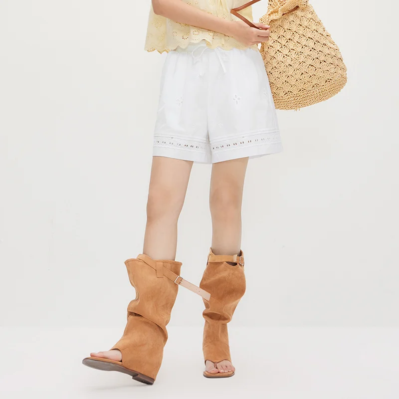 White Embroidered Casual Loose Pants for Women