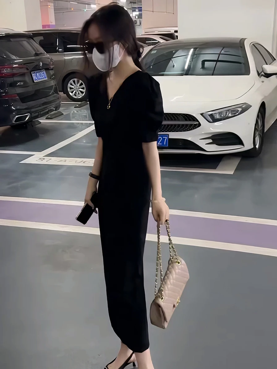 

Женское приталенное платье Hebe Sle Bla V-Ne Dr класса люкс, длинное, осеннее, 2025, новая модная коллекция, элегантное, А-силуэт, с рукавами-фонариками