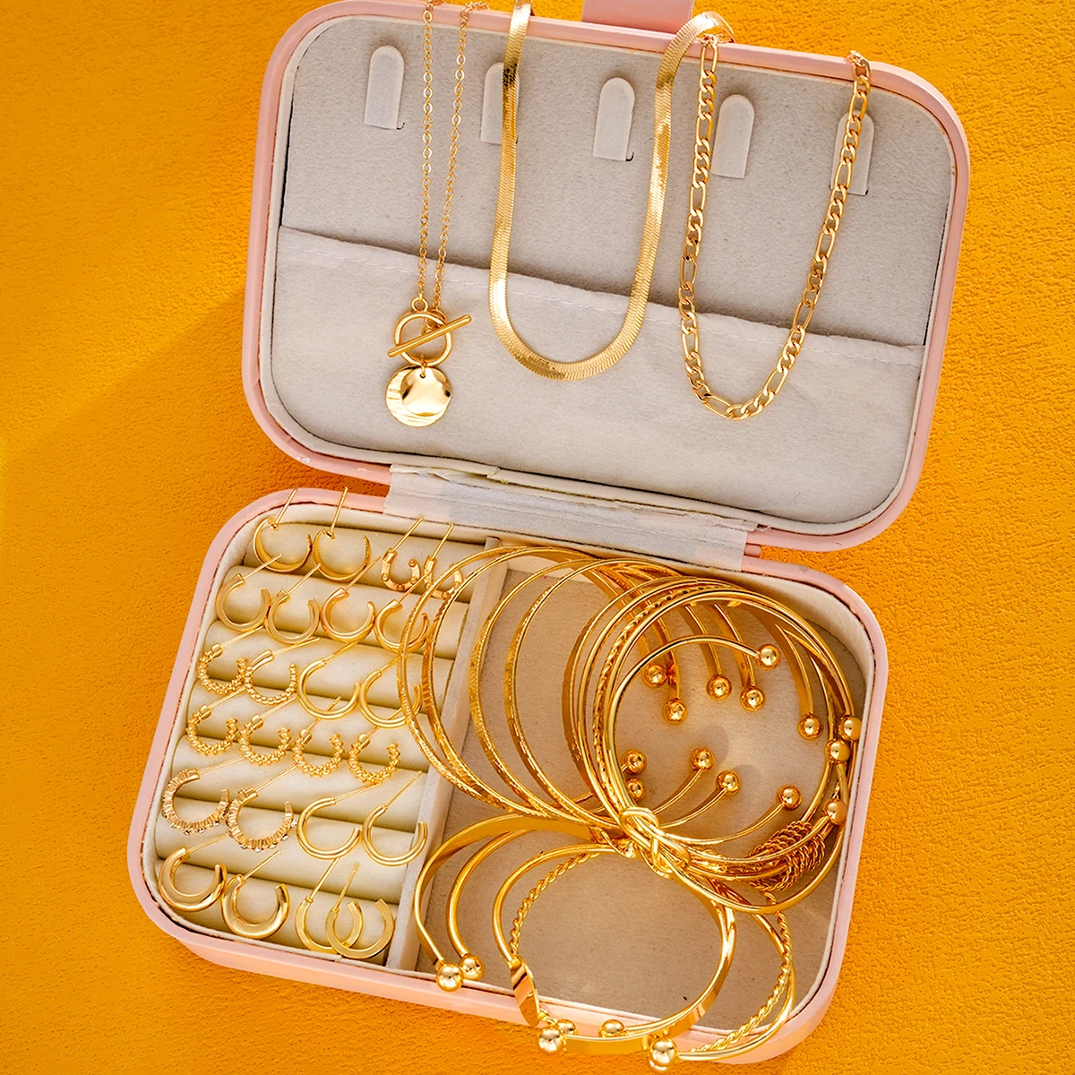 39 Pcs Gold Color Minimalist Jewelry Set For Women Round Drop Necklaces Stackable Bangle Hoop Earrings Multipack Trendy Gift New