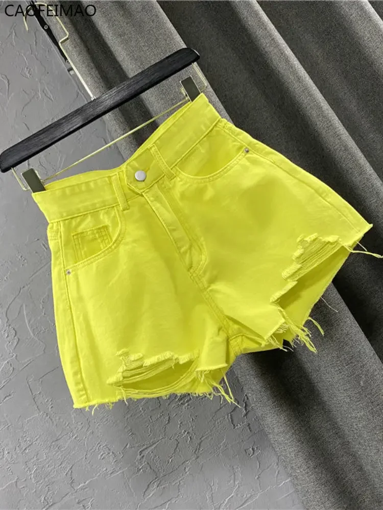 Women's Denim Shorts High Waist Casual Solid Zipper Fly Fashion Shorts Loose Sexy Green A-shaped Hot Pants 2025 New Summer