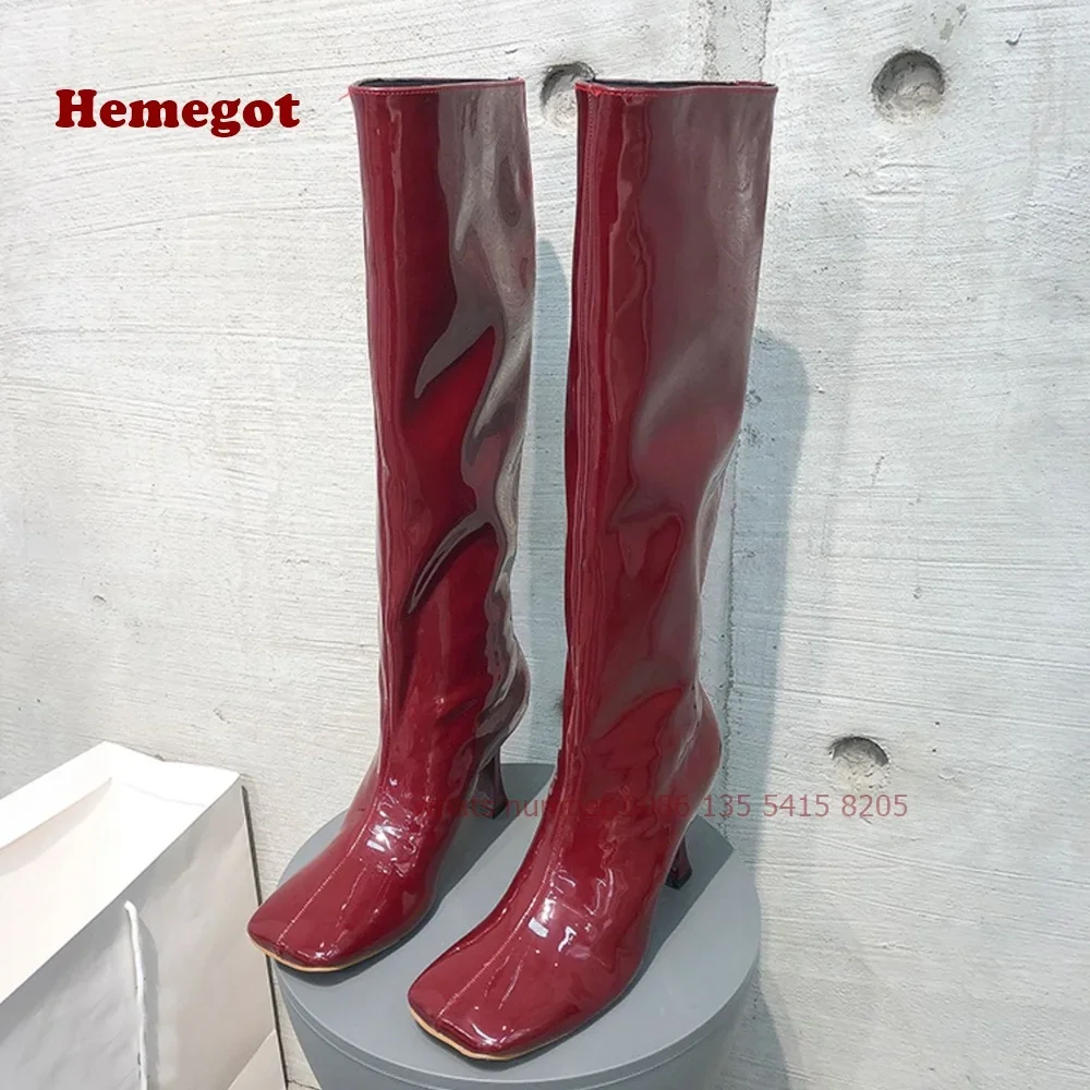 

Burgundy Square Toe Knee High Boots Thin Heels Solid Slip On Women's Boots Winter 2024 Long Knight Booty Solid Luxury New