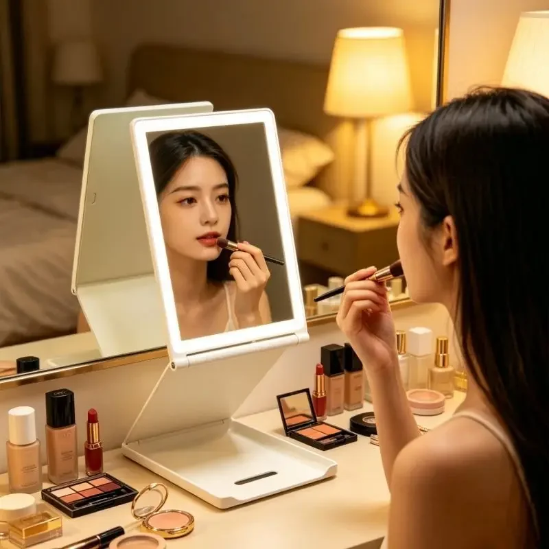 DSA light and thin three-fold touch makeup mirror with lamp, flip-top portable folding ,  makeup replenishment portable