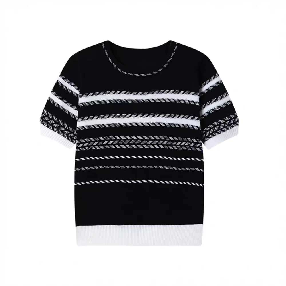 

Comfortable Ins Short Sleeve Crop Top Loose Summer Stripe Knitted T-shirt Female Clothing Bottoming Shirt Knitwear Women Female