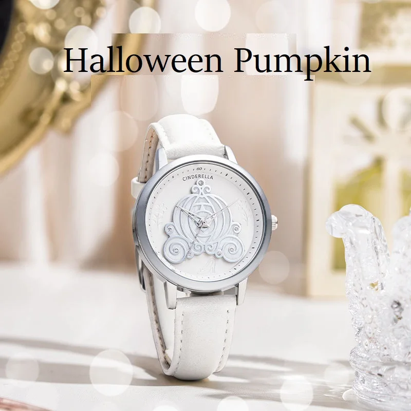 Disney For Women Watches Cinderella 360-Revolving Dial Halloween Pumpkins Quartz Wristwatch Girl Student Relogio Feminino Montre