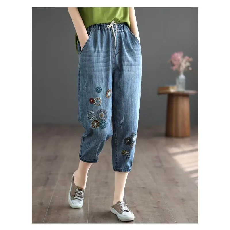 

jeans for womanWomen's Summer High Waist Lightweight Jeans, New Embroidered Literary 8-Point Length, Plus Size Loose Harem Pants