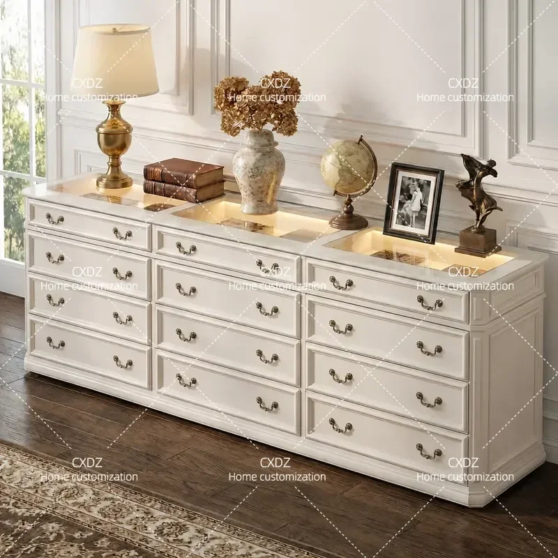 Full Solid Wood Retro Chest of Drawers 1.4m 1.8m Cream Style Storage Cabinet for Living Room Bedroom Custom Locker