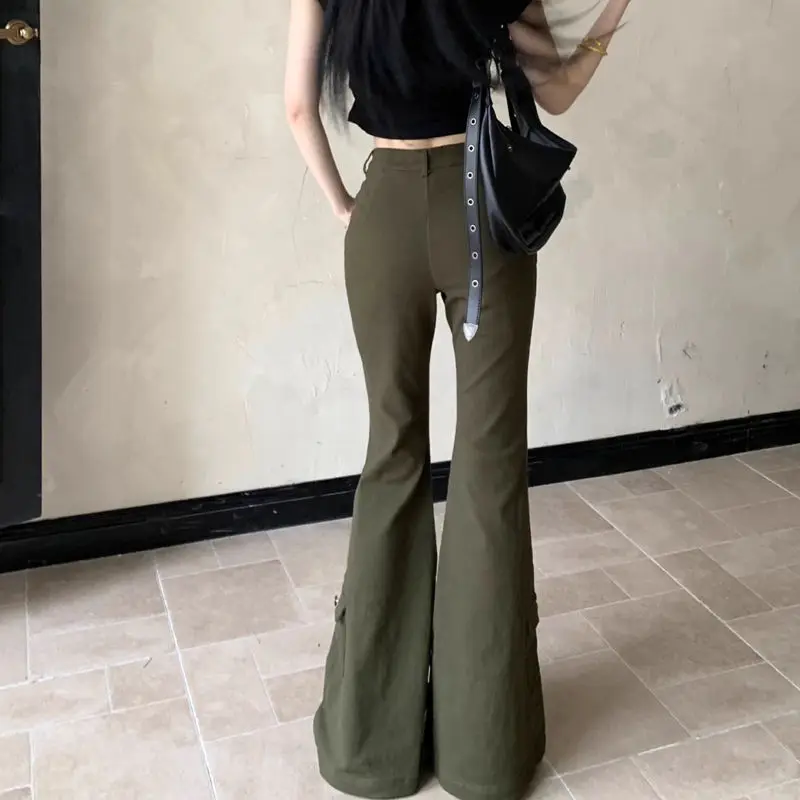 Cargo Jeans, Army Green Multi-Pocket Women'S Slimming American Retro High-Waisted Boot-Cut Trousers Floor-Length Trousers