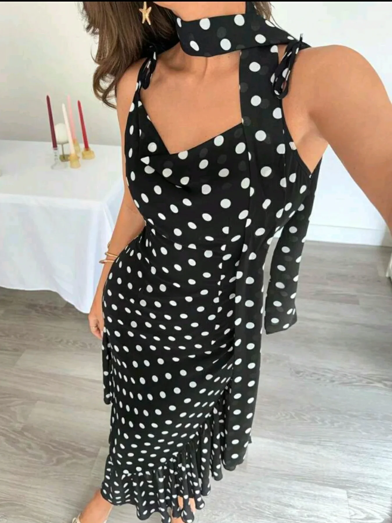 Sexy Club Fashion Women Dress Polka Dot Sleeveless Scarf Neck Backless Zipper Long Ruffle Dress New Fashion 2025 Summer Dress