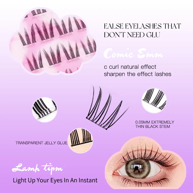 Kit de revolución de pestañas sin pegamento de 10 filas, tiras autoadhesivas para ojos de zorro y tapas con capucha, extensiones sedosas con luz de plumas