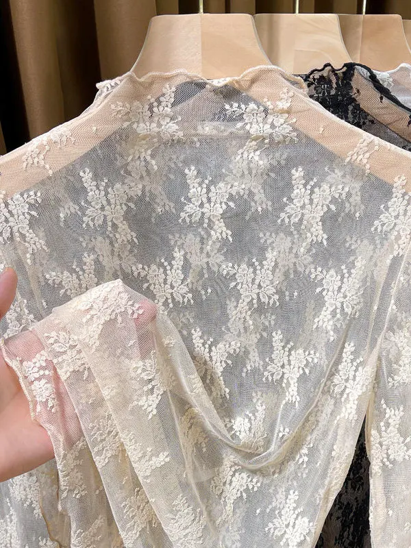 

Lace Insert Thin Me Base irt f High Collar Women's Sle Spring New Knitted Long Sve Floral Pattern Korean Version