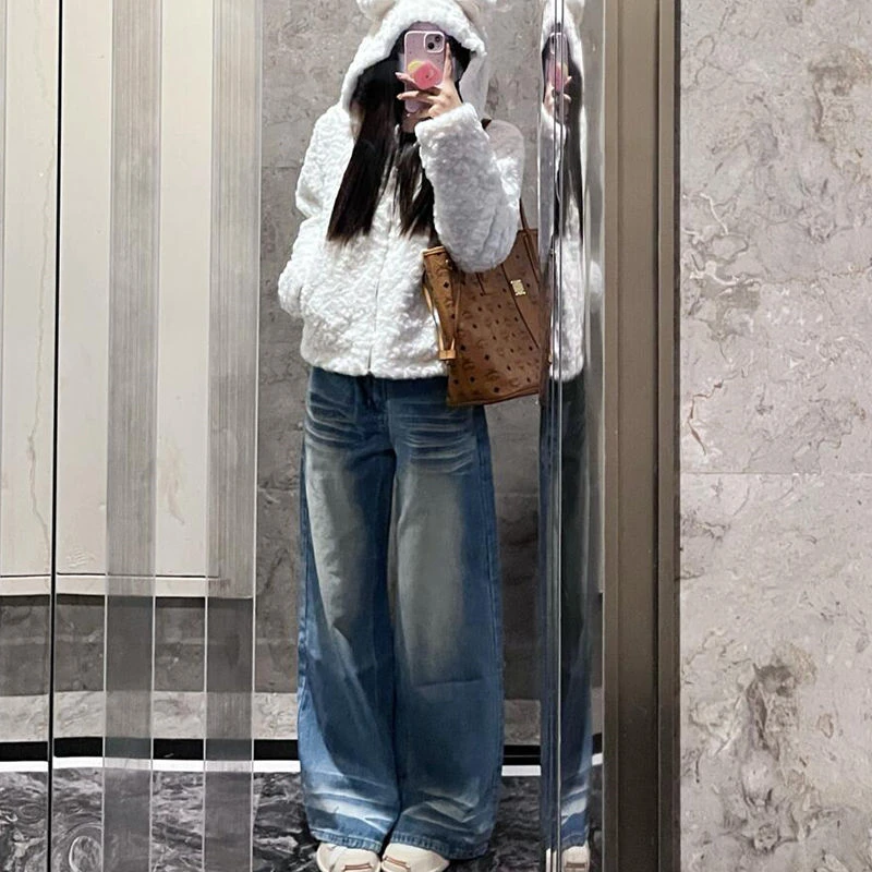 Women's Wash Creases Water Vintage Blue Wide Leg Jeans Street Cool Girl High Waist Pants Female Casual Straight Denim Trousers