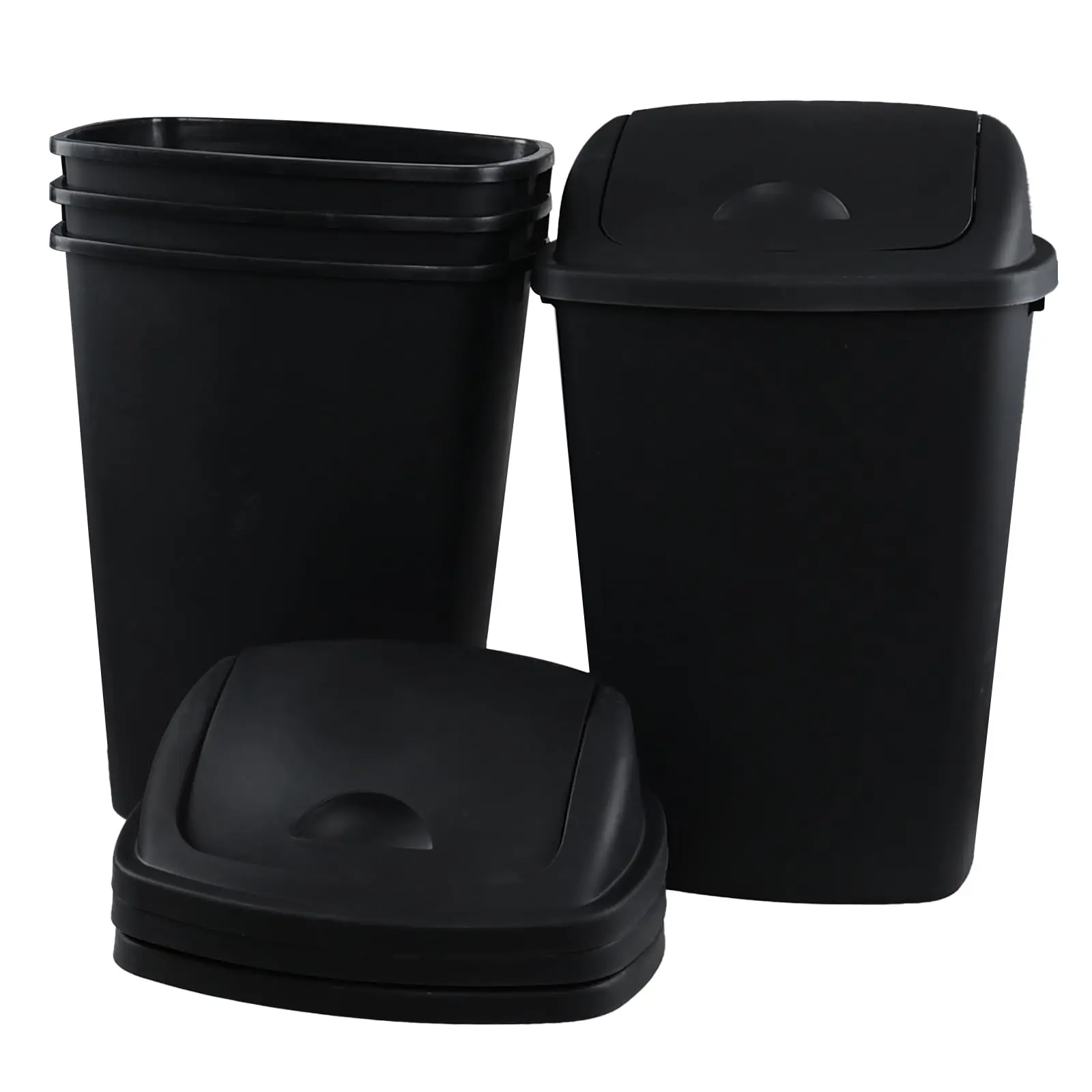 13 Gallon Plastic Waste Basket Swing Top, 4 Pack Black Trash Can