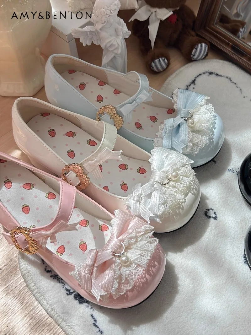

Sweet Original Lolita Mid-Heel Single Shoes Cute Bow Lace Patchwork Pearl Pendant Round Toe Elegant Princess Mary Jane Shoes