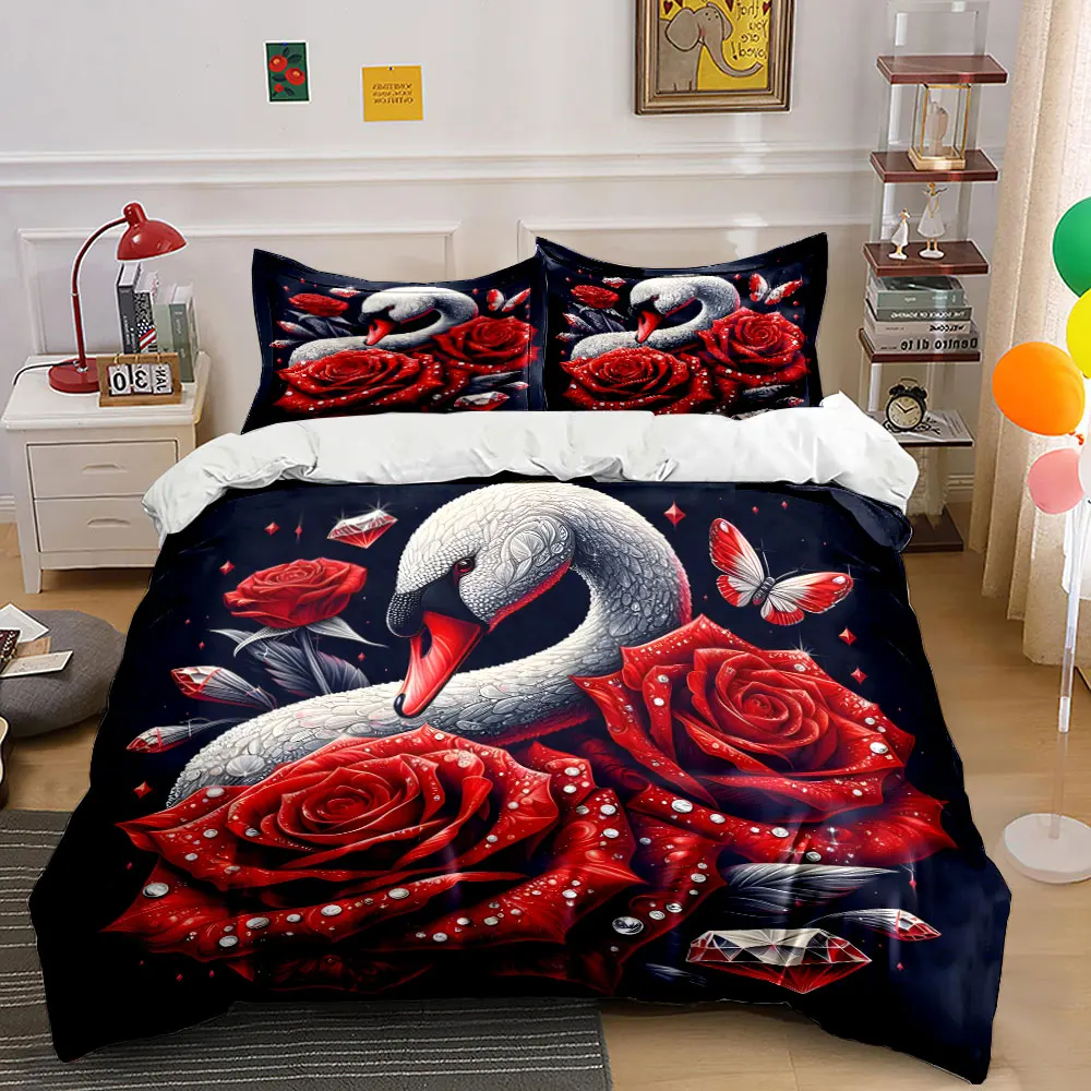Elegant Swan with Red Roses Pattern Duvet Cover Set Digital Print Colorful Polyester Bedding with Zipper Closur for kids gifts