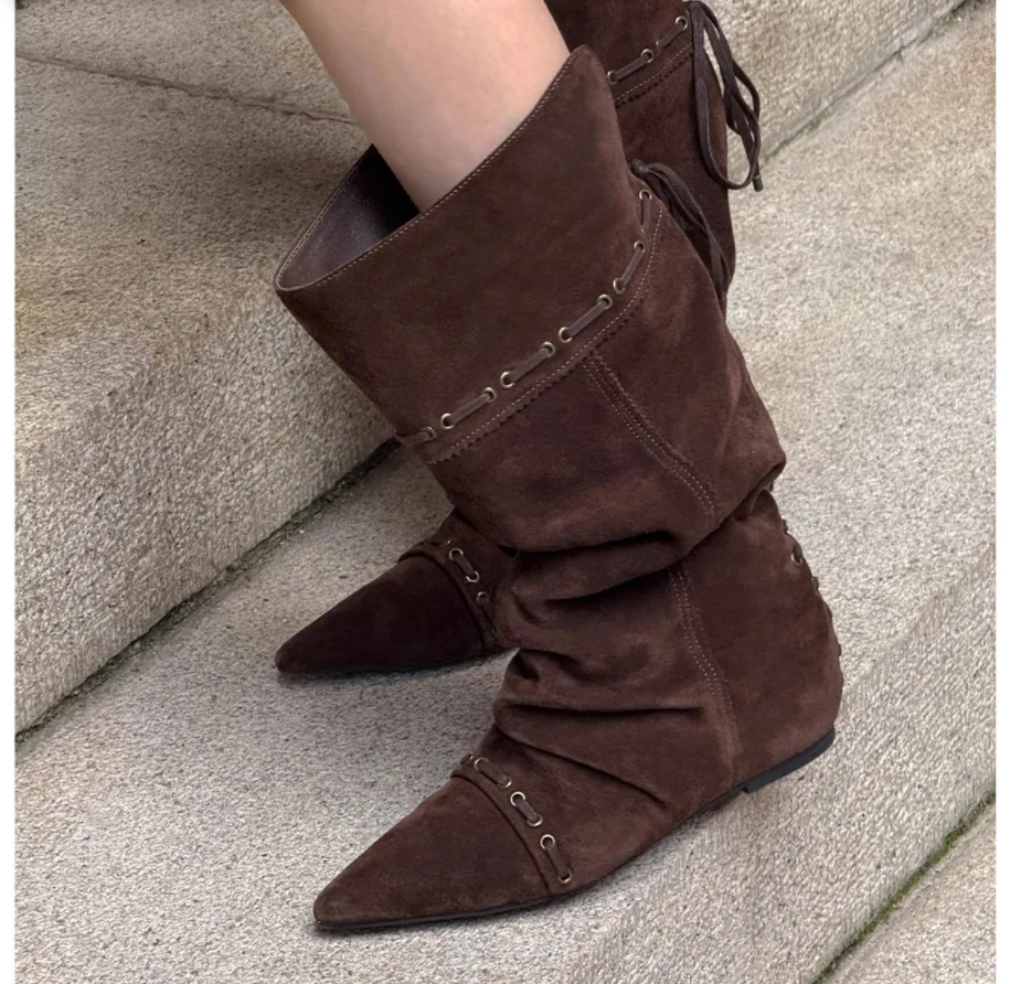 

2026 женские ботинки с напуском в этническом стиле в стиле бохо, римские гладиаторы из искусственной кожи, богемные ботинки до середины икры, туфли на плоской подошве со шнуровкой, ботильоны