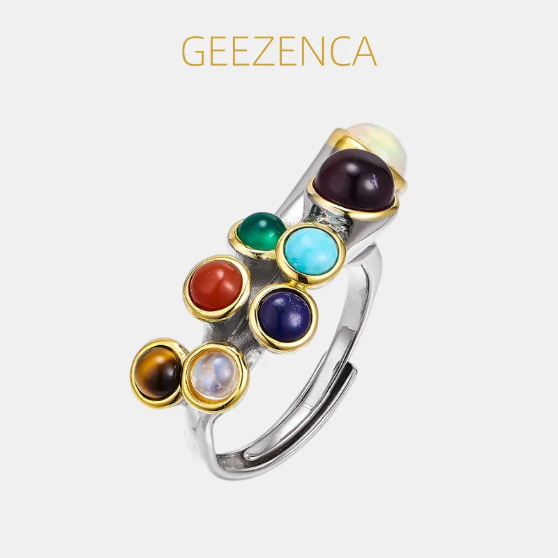 GEEZENCA S925 Silver Two Toned Multi Colored Stone Open Rings Women Amethyst Opal Birthstone Dainty Chunky Statement Ring Gift