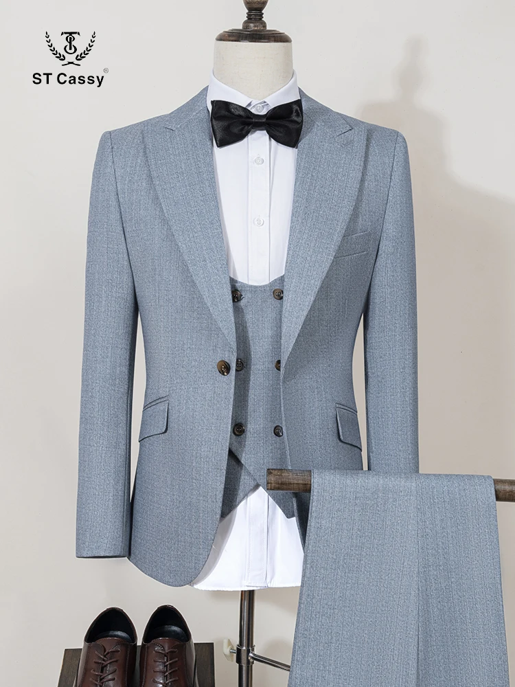 

ST Cassy luxury Men Suit light blue Slim Fit Male Groom Wedding Blazers Party Dress Suit Business Office three-piece