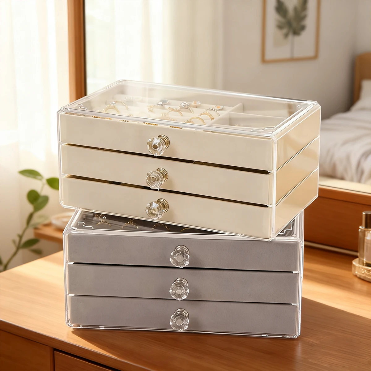 1pc can stack 3 layers of beige/gray drawer style jewelry box earrings rings necklaces bracelets organizing box - view 3