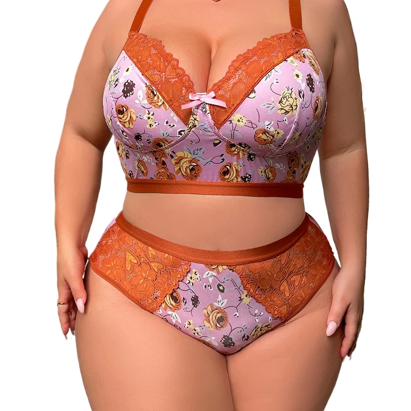 Peony Print Plus Size Women Thin No-Underwire Comfortable Backless Bra  Set Anti-Sagging XL 2XL 3XL 4XL