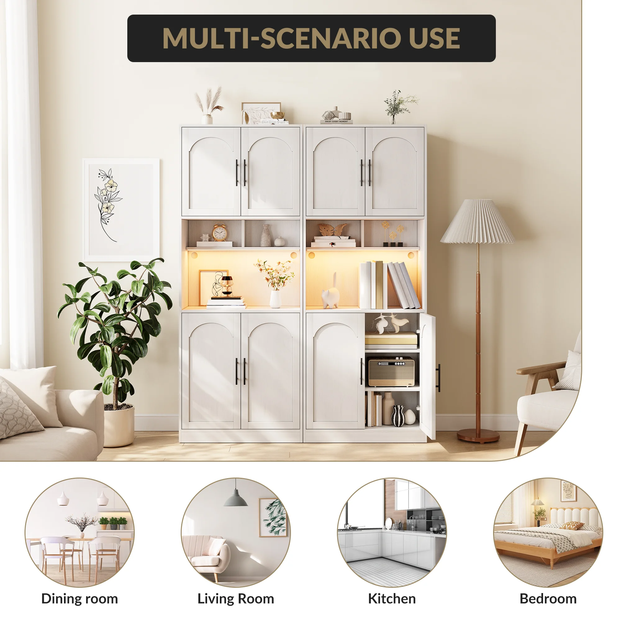 Kitchen Pantry Cabinet with LED Light, Tall Kitchen Hutch Bar Cabinet with Microwave Stand, Farmhouse Large Wood Storage Cabinet with Barn Doors & 2 Open Shelves, Cupboard for Dining Room, White
