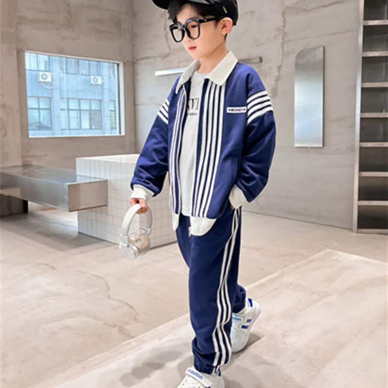 Boys Suit Coat +Pants Cotton 2Pcs/Sets 2023 Navy Blue Spring Autumn Sports Sets Windproof Thicken Children Clothing