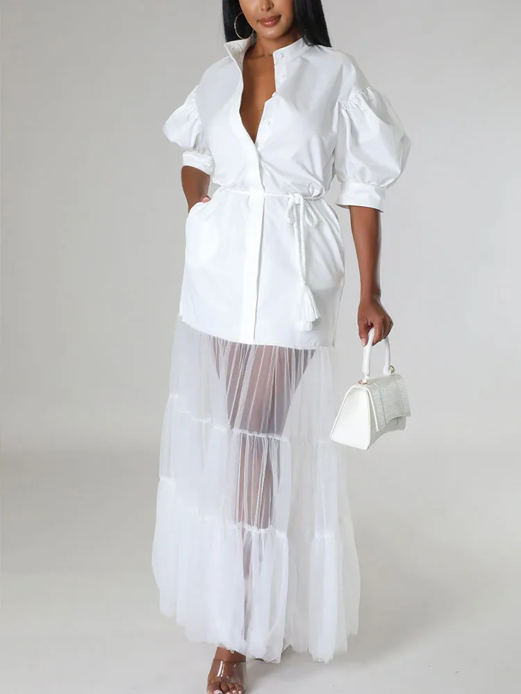 Solid Mesh Patchwork See Through Maxi Dresses Woman Short Sleeve Turn-down Collar Single Breated Night Party Casual Shirt Dress