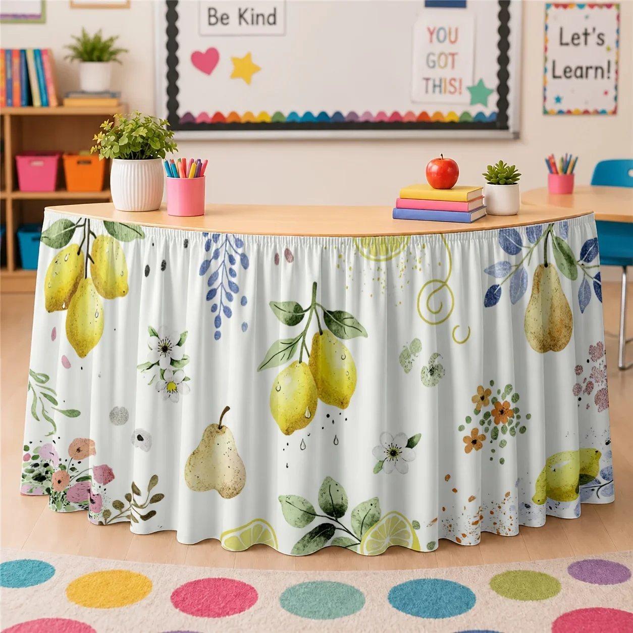One table skirt tablecloth with printed polyester watercolor lemon pear floral plant design, fresh and refreshing.