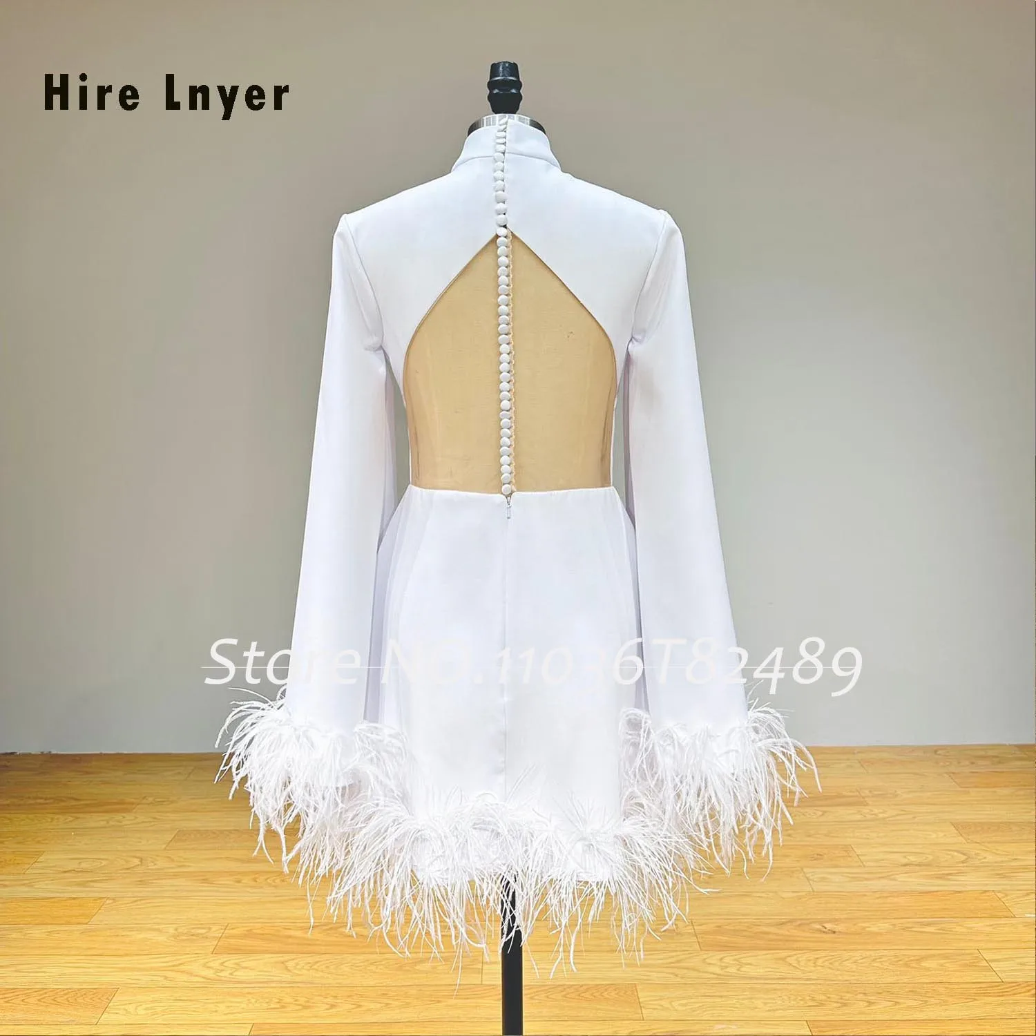 Hire Lnyer High Neck Long Sleeve See Through Buttons Up Back Feather Soft Satin Short Eveneing Dresses