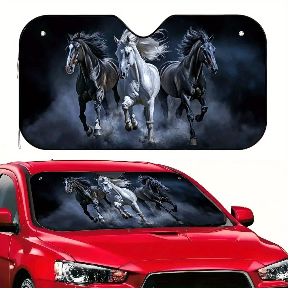1pc 2D Flat Three Galloping Horses Car Sunshade With Stylish Print – Keeps Your Car Cool, Includes 4 Free Suction Cups, Foldable