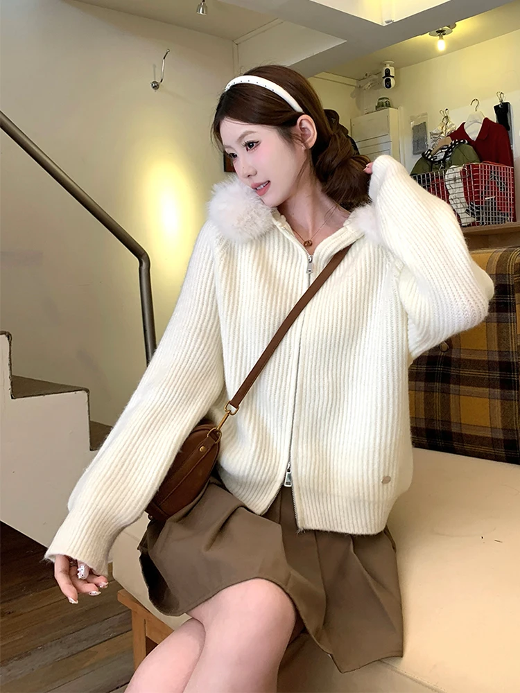 

Korean Sle Women's Hooded Knitted Sweater Coat with Large Fur Collar Zipper Soft Cozy Slimming Autumn Winter New Arrival