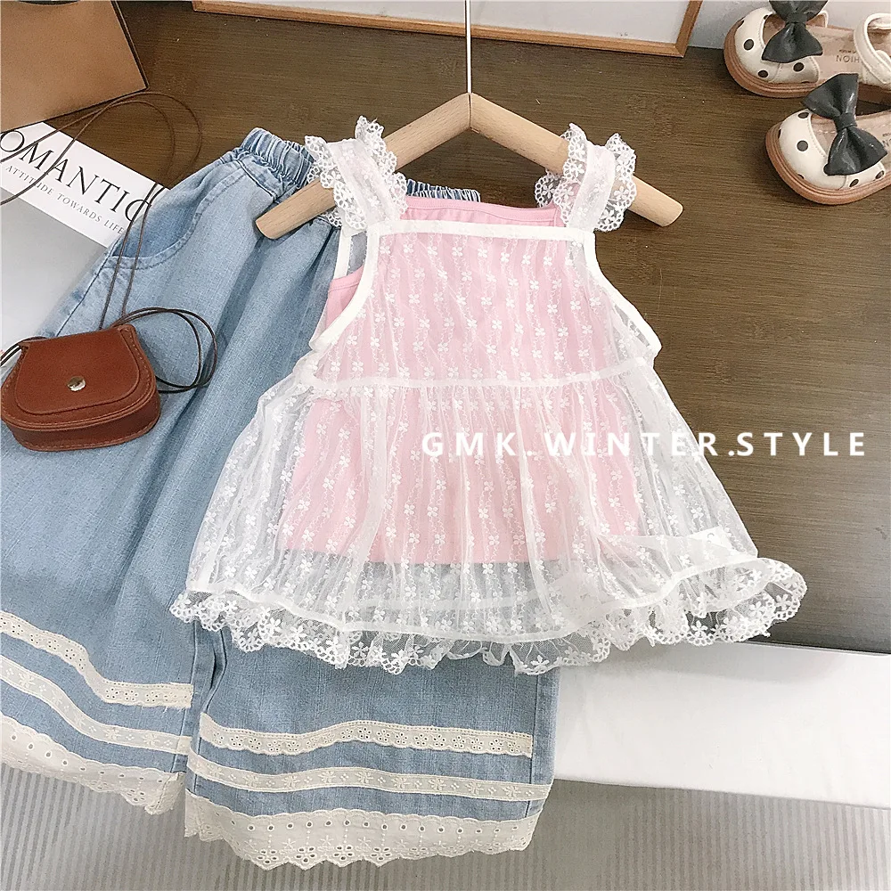 Girls Summer New Foreign Style Shirt Summer Thin Soft Pink Vest Lace Suspender Set Top fashion casual