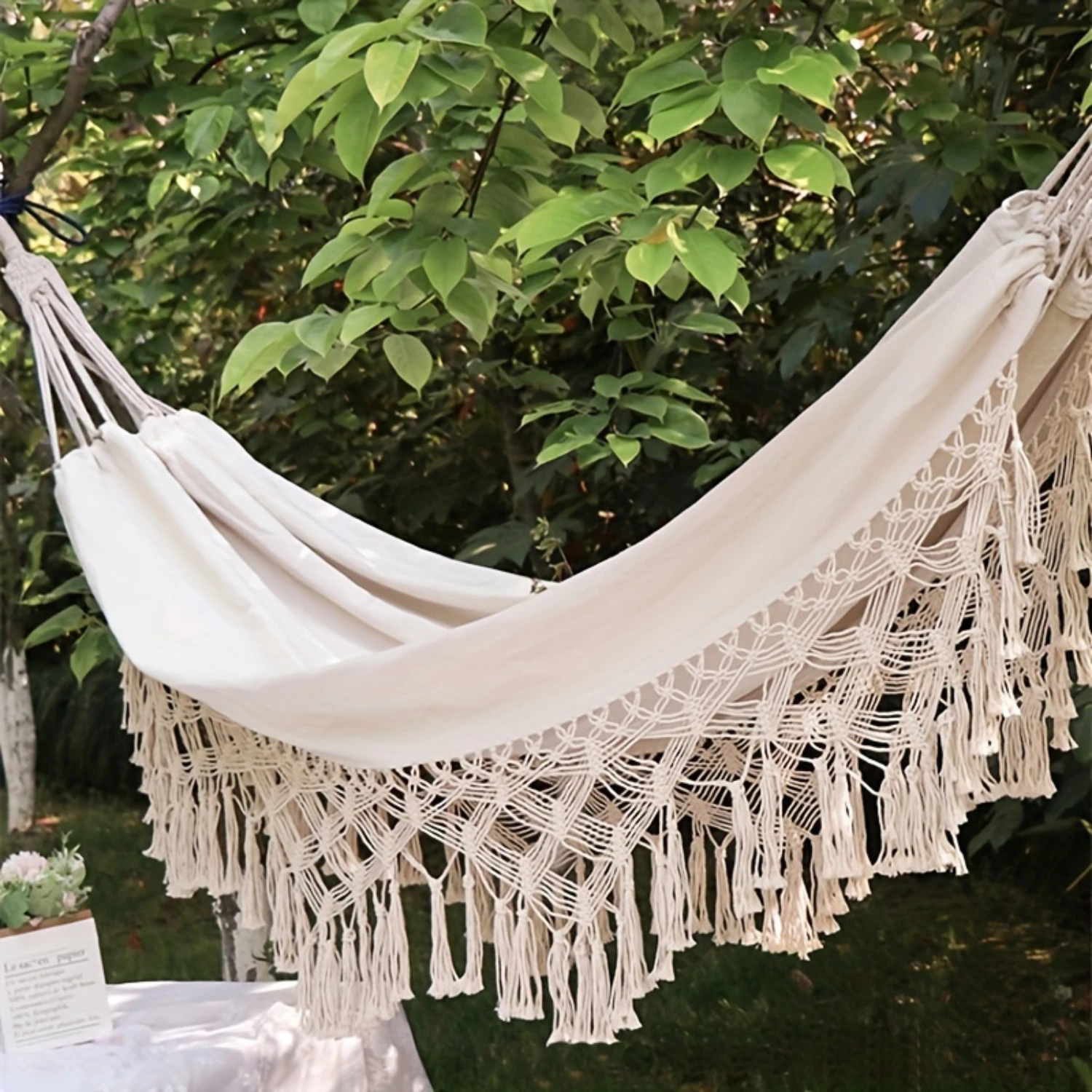 1pc Stylish Nordic-Inspired Bohemian Canvas Hammock Hanging Chair - Soft Cotton Rope Woven Construction, Decorative Tassel Swing