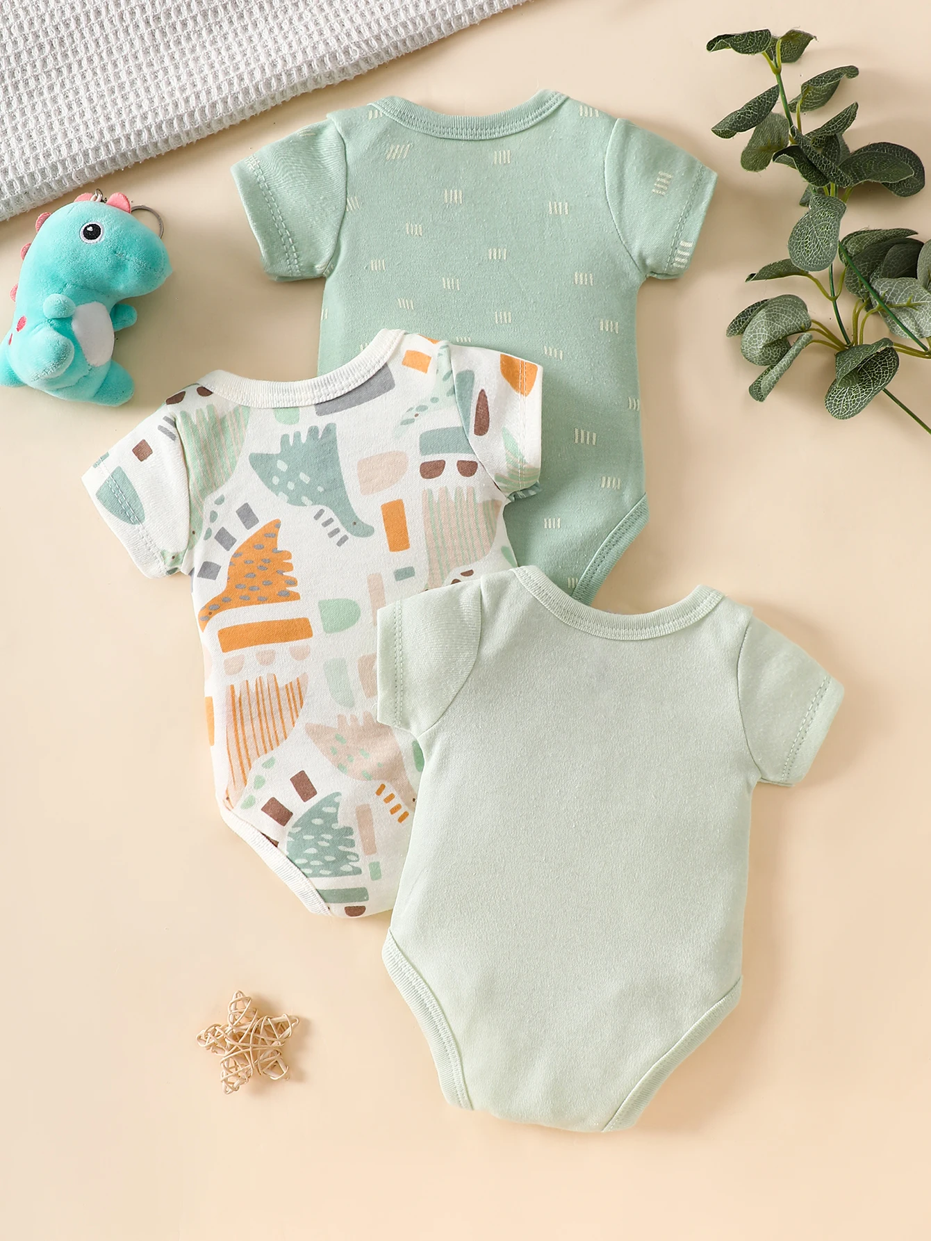 3-Piece Newborn Baby Bodysuits, 100% Cotton Soft & Breathable, Green Cartoon Dinosaur Pattern, for 0-9 Months Babies