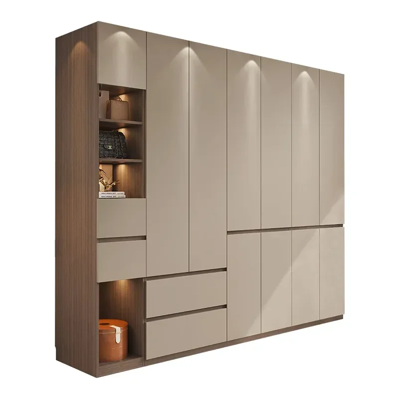 Simple Light Gray Segmented Wardrobe 18mm Solid Wood Multi Layer Board Storage Cabinet Free Handle Household Bedroom Closet
