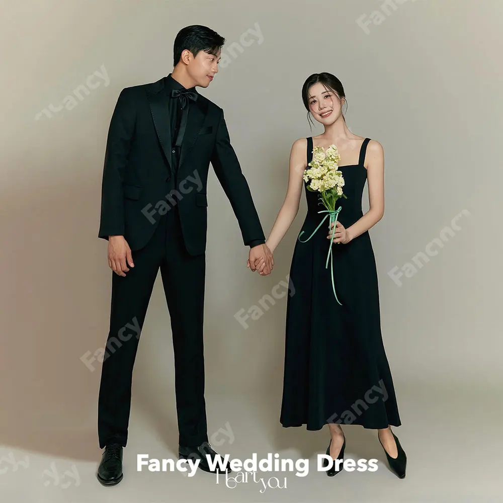 

Fancy Simple Black Korea Wedding Dress Photo Shoot Square Neck Sleeveless Tea Length Bridal Gown Elastic Satin 웨딩드레스