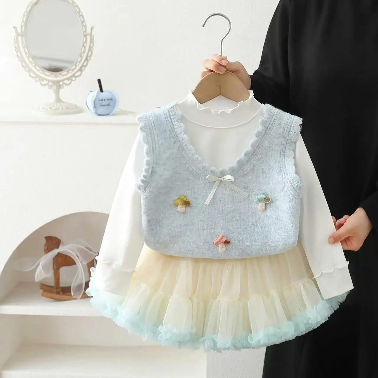 Spring Autumn Little Girls 3 PCS Knit Outfit Kids Knitted Vest Sleeveless Waistcoat Matching Knitting Skirt Set for 90-130cm