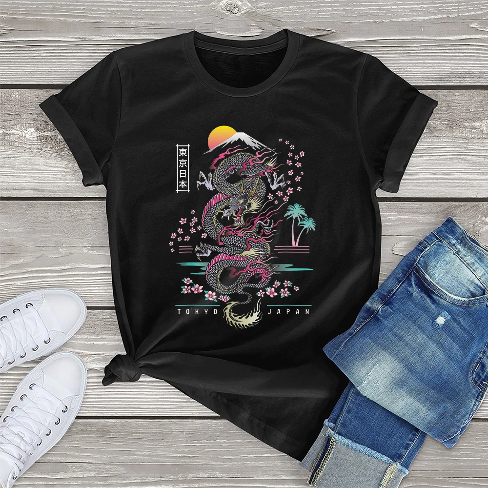 

FLC 100% Cotton Japanese Tokyo Dragon Asian inspired retro 80’s style Clothing Gift Women Casual T-Shirt Printed Top Tee